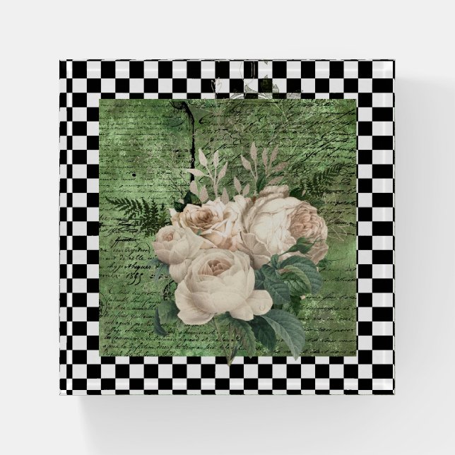 Vintage White Roses & Checkerboard  Paperweight (Front)