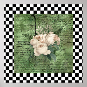 Vintage White Roses & Checkerboard Poster