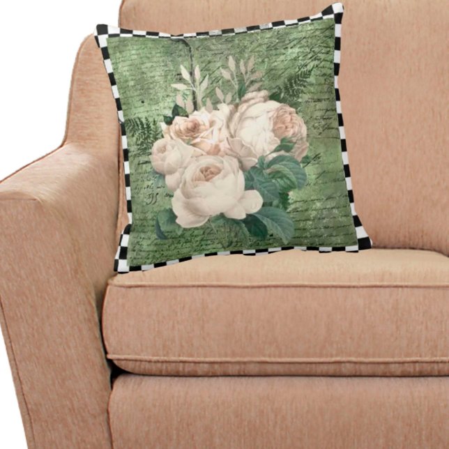 Vintage White Roses & Checkerboard Throw Pillow (Creator Uploaded)
