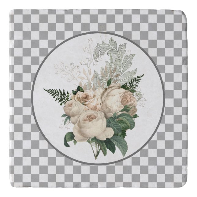 Vintage White Roses Checkerboard  Trivet (Front)
