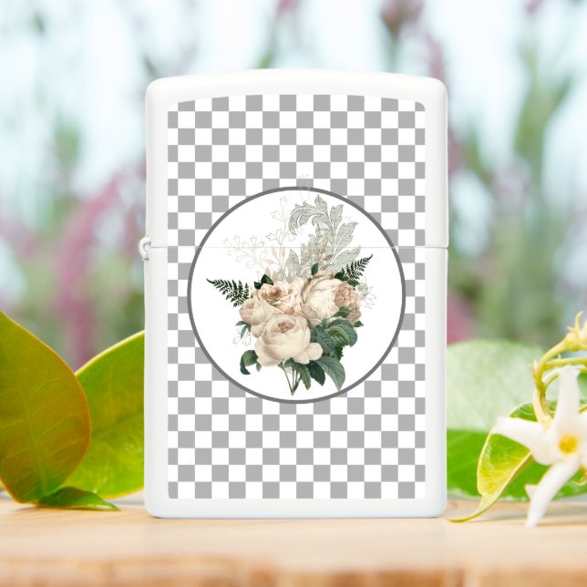 Vintage White Roses Checkerboard  Zippo Lighter (On Table)