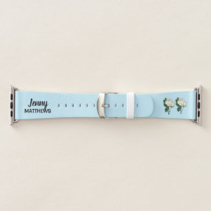 Vintage white roses custom name on blue apple watch band