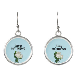 Vintage white roses custom name on blue earrings
