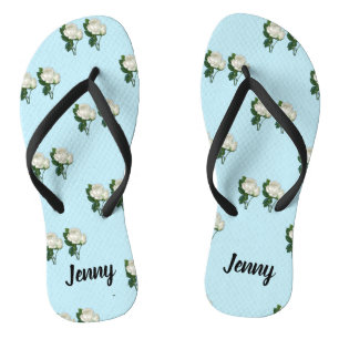 Vintage white roses custom name on blue flip flops