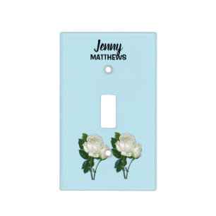 Vintage white roses custom name on blue light switch cover