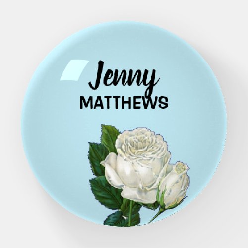 Vintage white roses custom name on blue paperweight