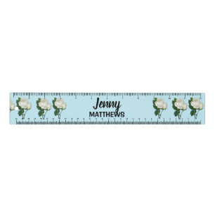 Vintage white roses custom name on blue ruler