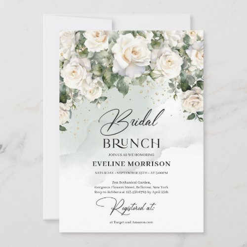 Vintage white roses eucalyptus green and gold invitation
