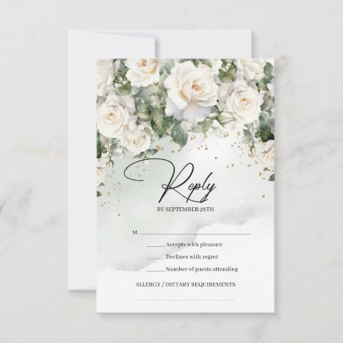 Vintage white roses eucalyptus greenery and gold RSVP card
