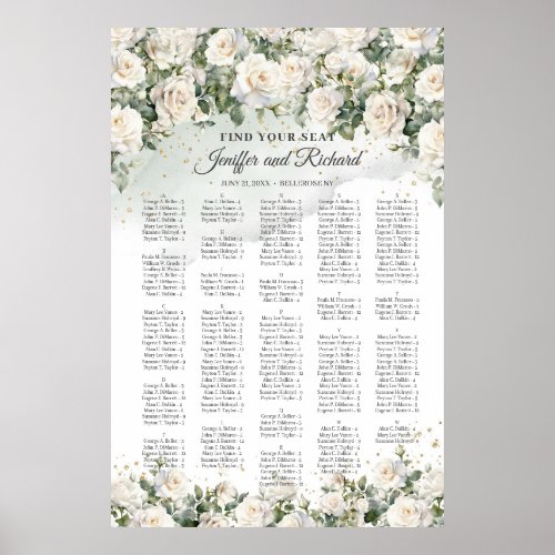 Vintage white roses flowers greenery Alphabetical Poster