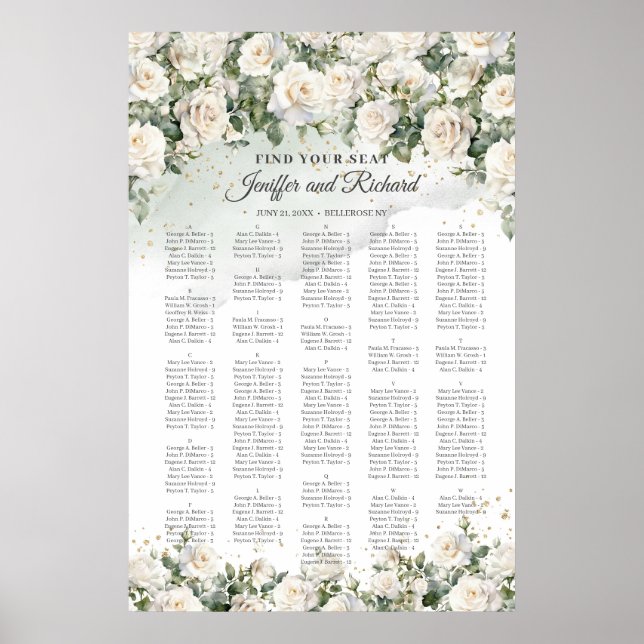 Vintage white roses flowers greenery Alphabetical Poster (Front)