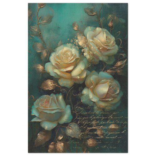 Vintage white roses gold script emerald green tissue paper