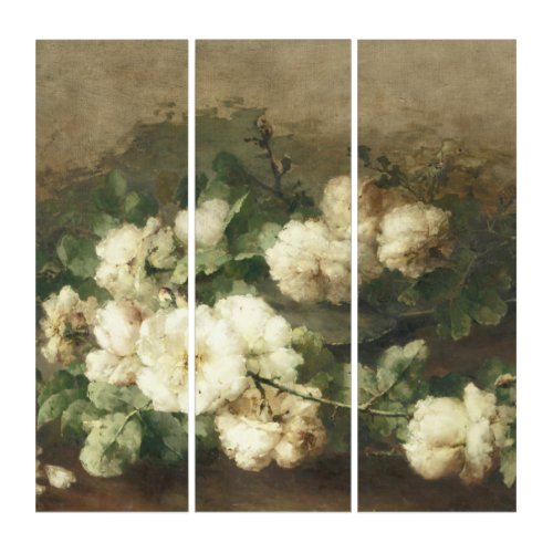 Vintage White Roses Oil Painting  Triptych