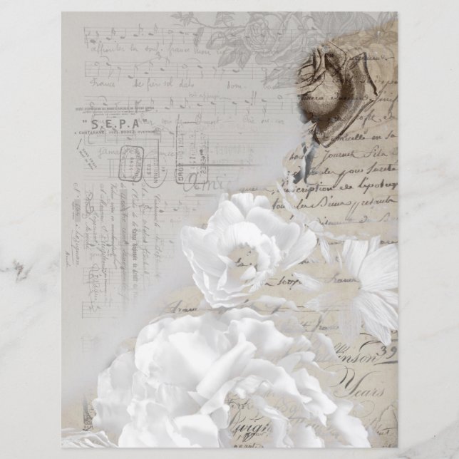 Vintage white roses old handwriting paper (Front)