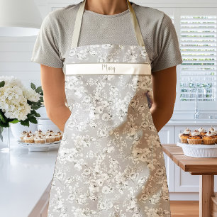 Vintage White Roses on Taupe Apron