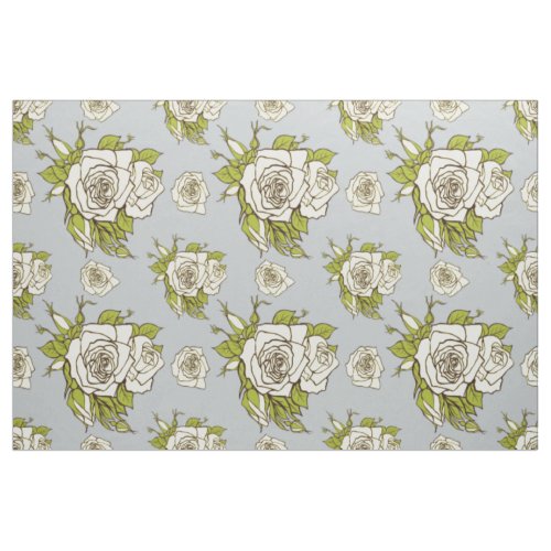 Vintage White Roses Pattern Green Accents 2 Fabric