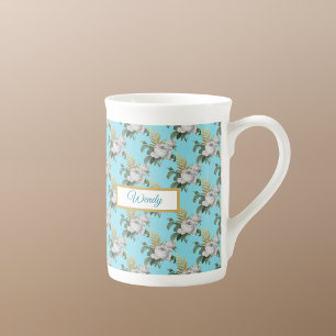 Vintage White Roses Pattern on Aqua Monogram Bone China Mug