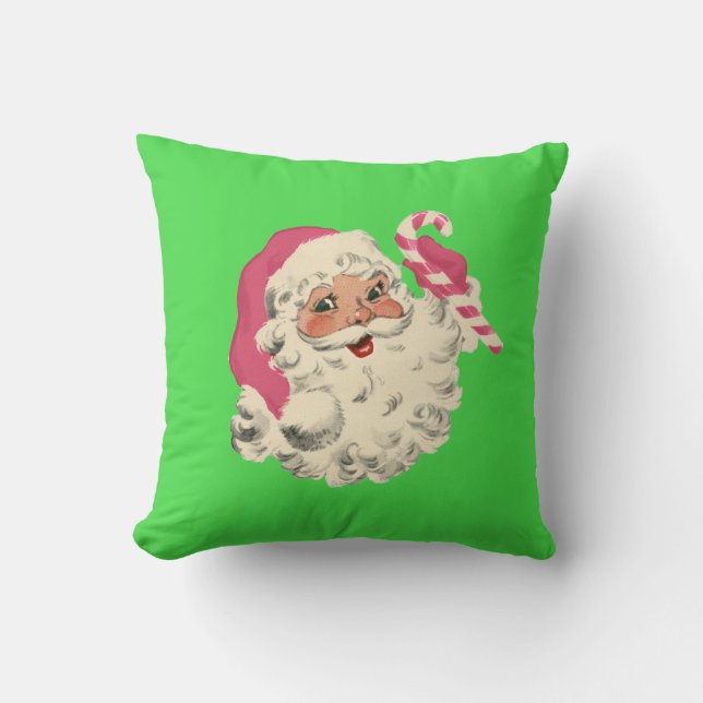 Vintage White Santa Pink and Green Throw Pillow (Front)