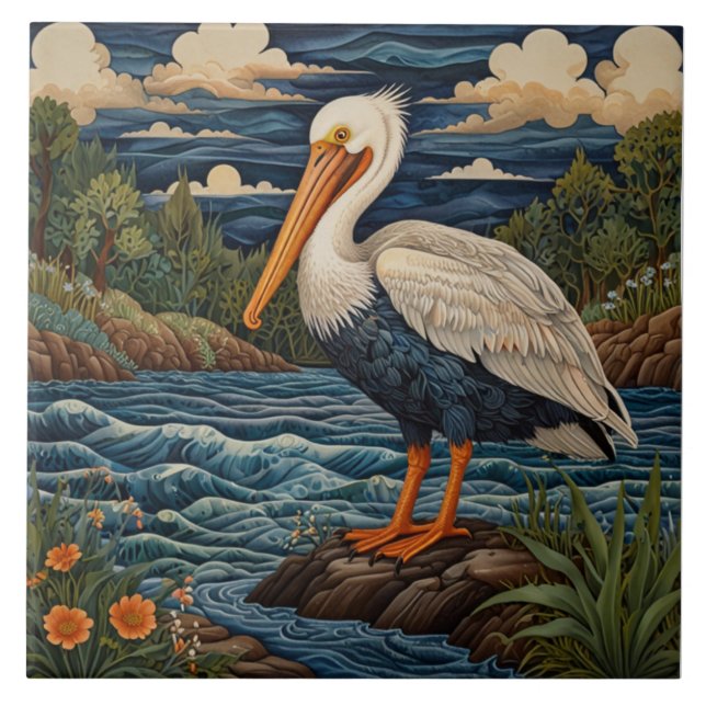 Vintage white sea bird seagull pelican ceramic tile (Front)