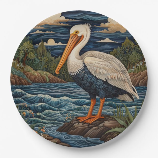 Vintage white sea bird seagull pelican paper plates (Front)