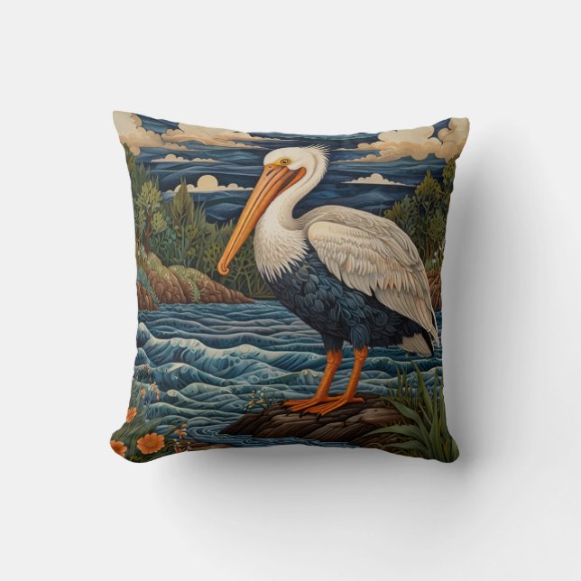 Vintage white sea bird seagull pelican throw pillow (Front)