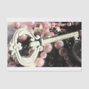 Vintage White Skeleton Key over Pink Pearls Tissue Paper