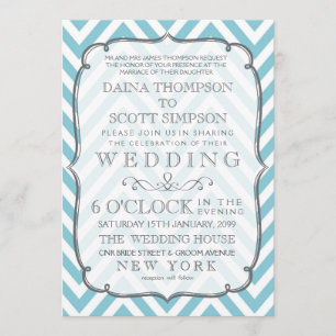 Vintage White & Sky Blue Chevron Stripes Wedding Invitation