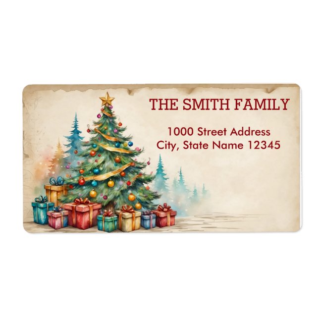 Vintage White Snow Glitter Christmas Tree Holiday Label (Front)