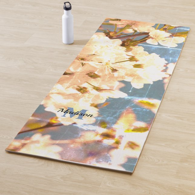 Vintage White spring flower blossom Monogram Yoga  Mat (In Situ)