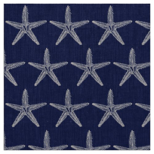 Vintage White Starfish Monogram Coastal Linen Fabric