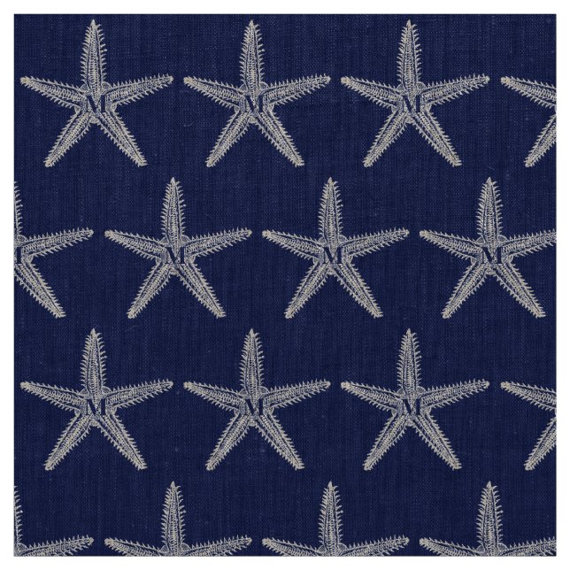 Vintage White Starfish Monogram Coastal Linen Fabric (Swatch)