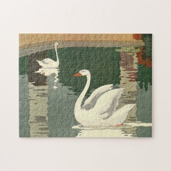 Vintage White Swans Illustrated Jigsaw Puzzle by kidslife at Zazzle