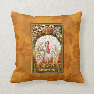 Vintage White Thanksgiving Turkey Throw Pillow