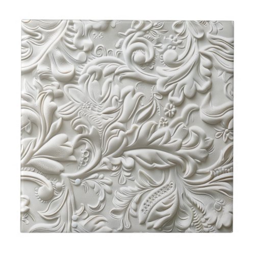 Vintage white tooled leather ceramic tile