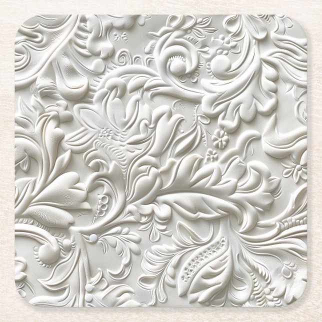 Vintage white tooled leather square paper coaster (Front)