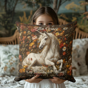 Vintage White Unicorn Floral Fantasy Art Fairytale Throw Pillow