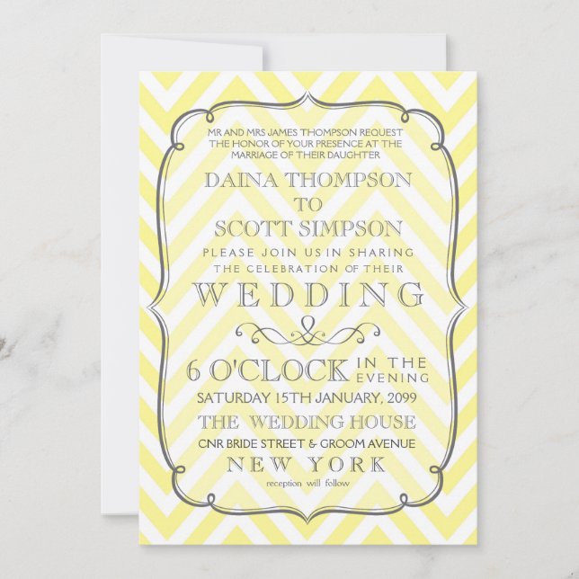 Vintage White & Yellow Chevron Stripes Wedding Invitation (Front)