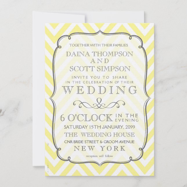 Vintage White & Yellow Chevron Stripes Wedding Invitation (Front)