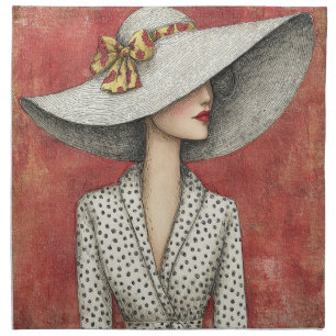 Vintage Wide Sun Hat Lady on Red Cloth Napkin