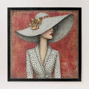 Vintage Wide Sun Hat Lady on Red Jigsaw Puzzle