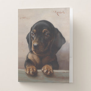 Vintage Wiener Dog Puppy Portrait Oil Painting Pocket Folder