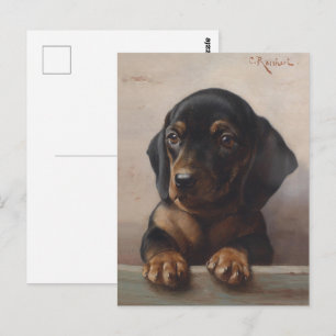 Vintage Wiener Dog Puppy Portrait Oil Painting Postcard