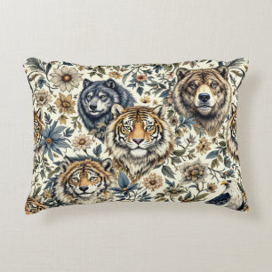 Vintage Wild Animal and Floral Pattern on White Accent Pillow