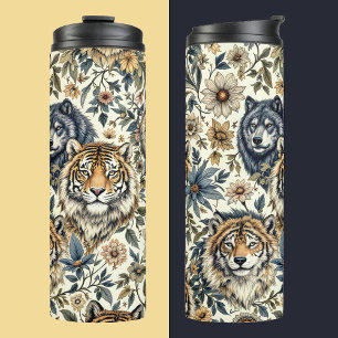 Vintage Wild Animal and Floral Pattern on White Thermal Tumbler