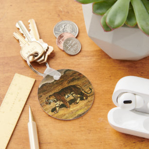 Vintage Wild Animal, Bengal Tiger Roaming Plains Keychain