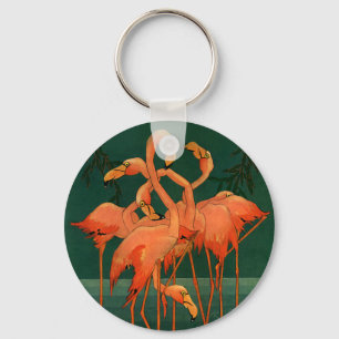 Vintage Wild Animal Birds, Tropical Pink Flamingos Keychain