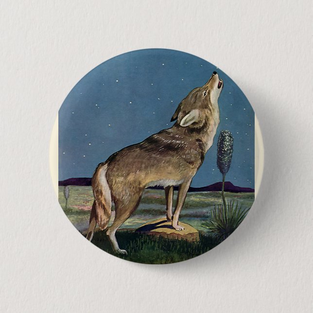 Vintage Wild Animal, Wolf Howling at the Moon Button (Front)