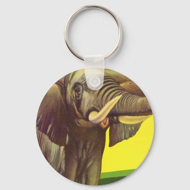 Vintage Wild Animals, African Elephant with Sunset Keychain (Front)