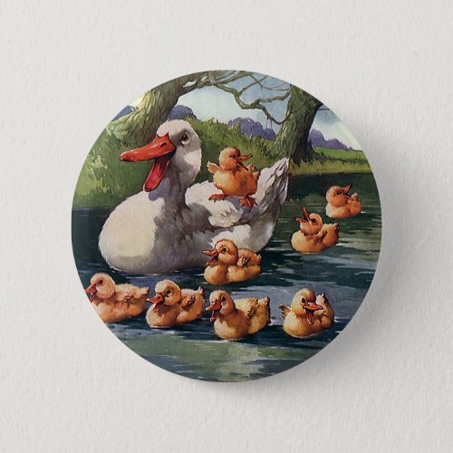 Vintage Wild Animals Birds Ducklings Duck Family Button