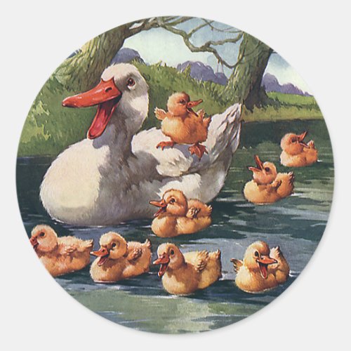 Vintage Wild Animals Birds Ducklings Duck Family Classic Round Sticker